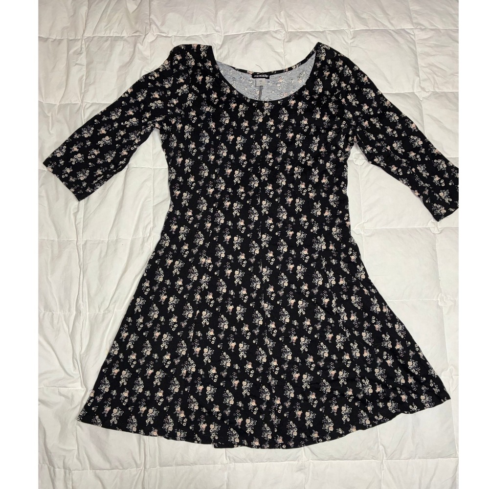 Joe Boxer Womens Black Floral 3/4 Sleeve Fit & Flare Mini Dress Large